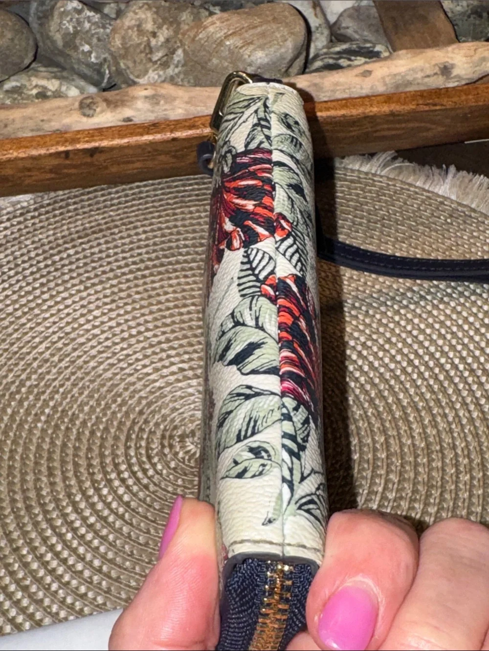 Tory Burch Cream Floral Zip Wristlet with Red Accents